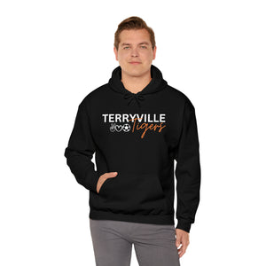 Terryville Tigers - Small Peace, Love, Soccer - ADULT Unisex Heavy Blend™ Hooded Sweatshirt