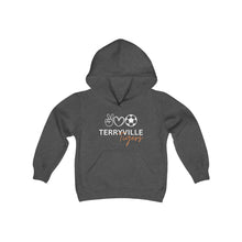 Load image into Gallery viewer, #3 - Terryville Tigers - Peace, Love, Soccer - Youth Heavy Blend Hooded Sweatshirt