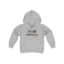Load image into Gallery viewer, Terryville Tigers - Peace, Love, Soccer - Light Hoodie - Youth Heavy Blend Hooded Sweatshirt