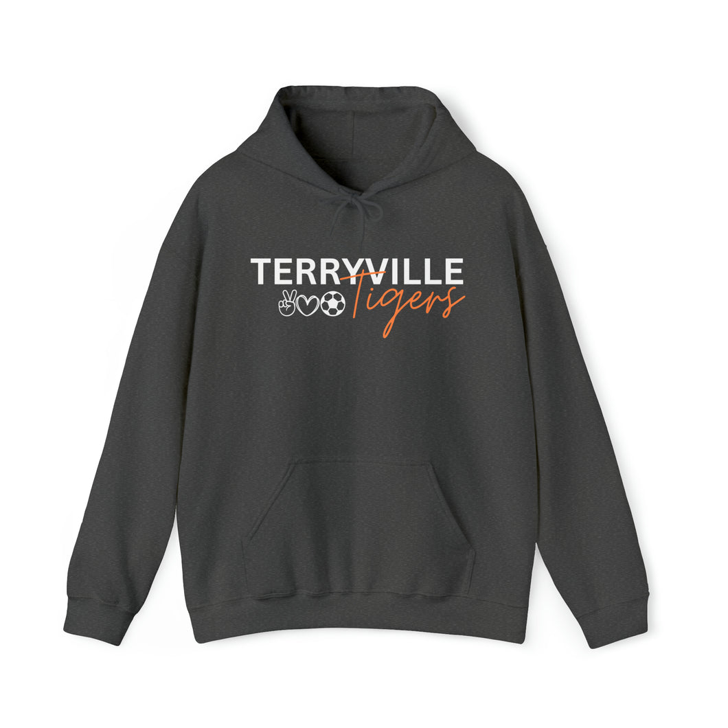 Terryville Tigers - Small Peace, Love, Soccer - ADULT Unisex Heavy Blend™ Hooded Sweatshirt