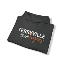 Load image into Gallery viewer, Terryville Tigers - Small Peace, Love, Soccer - ADULT Unisex Heavy Blend™ Hooded Sweatshirt