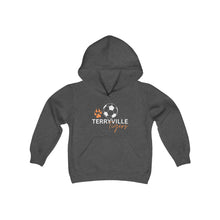Load image into Gallery viewer, Terryville Tigers - Soccer Ball and Paw Print - Youth Heavy Blend Hooded Sweatshirt