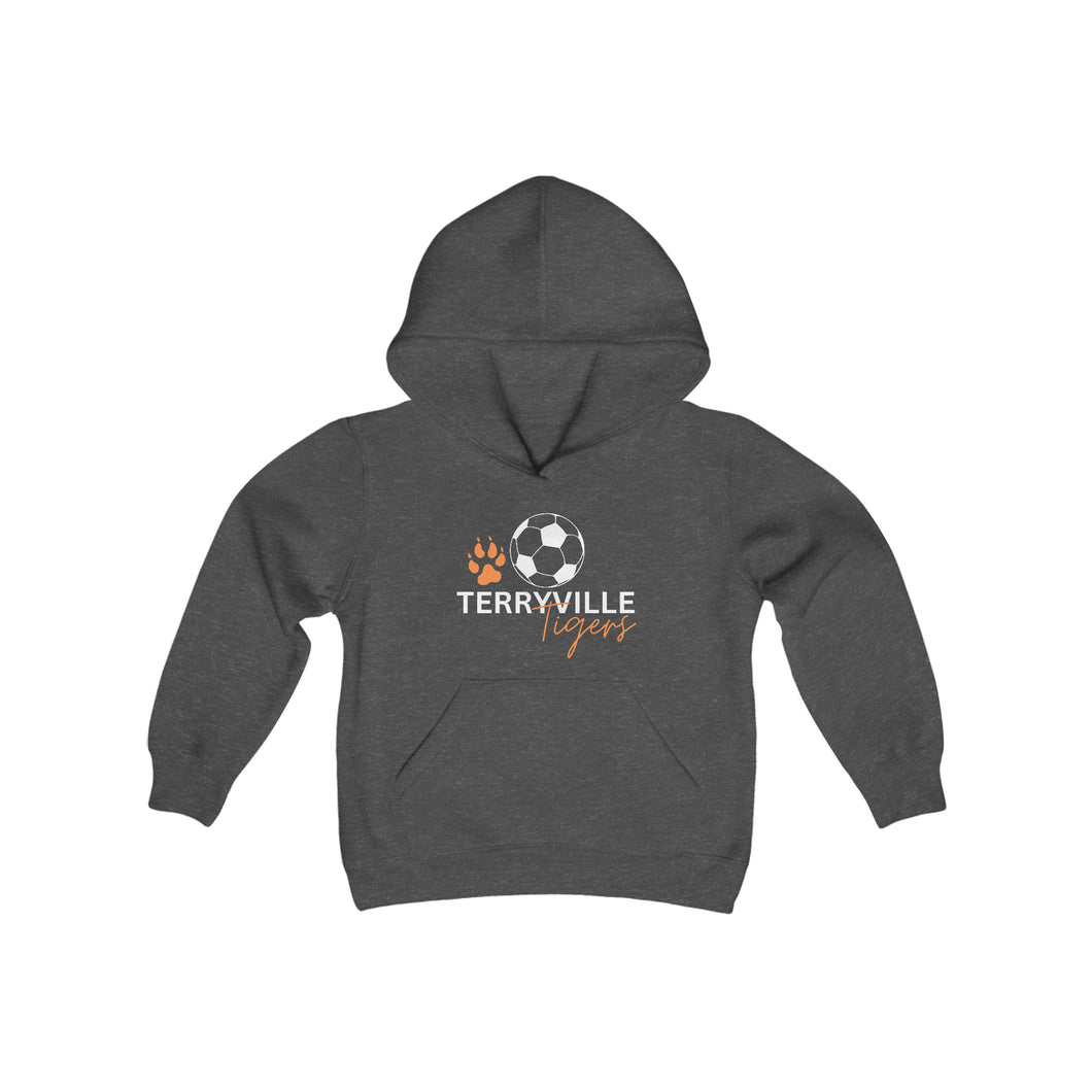 Terryville Tigers - Soccer Ball and Paw Print - Youth Heavy Blend Hooded Sweatshirt