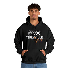 Load image into Gallery viewer, Terryville Tigers - Peace, Love, Soccer - ADULT Unisex Heavy Blend™ Hooded Sweatshirt