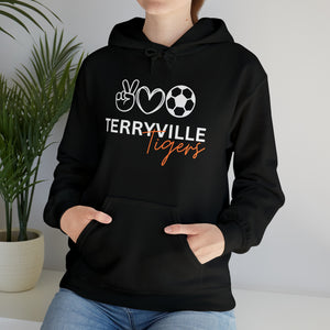 Terryville Tigers - Peace, Love, Soccer - ADULT Unisex Heavy Blend™ Hooded Sweatshirt