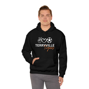 Terryville Tigers - Peace, Love, Soccer - ADULT Unisex Heavy Blend™ Hooded Sweatshirt
