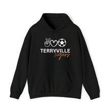 Load image into Gallery viewer, Terryville Tigers - Peace, Love, Soccer - ADULT Unisex Heavy Blend™ Hooded Sweatshirt