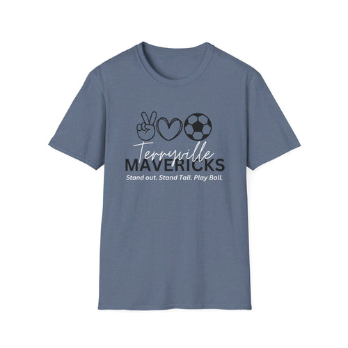 Mavericks - Peace, Love, Soccer with Slogan - Unisex Softstyle T-Shirt (Adult)
