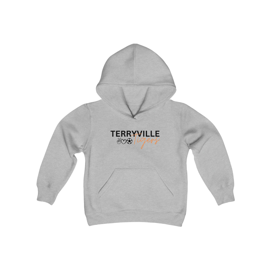 Terryville Tigers - Small Peace, Love, Soccer - Light Hoodie - Youth Heavy Blend Hooded Sweatshirt