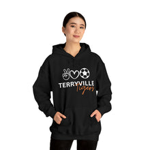 Load image into Gallery viewer, Terryville Tigers - COACH - Peace, Love, Soccer - ADULT Unisex Heavy Blend™ Hooded Sweatshirt