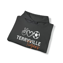 Load image into Gallery viewer, Terryville Tigers - Peace, Love, Soccer - ADULT Unisex Heavy Blend™ Hooded Sweatshirt