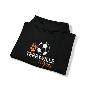 JEN - Terryville Tigers - COACH with Paw and Soccer Ball - ADULT Unisex Heavy Blend™ Hooded Sweatshirt