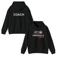 Load image into Gallery viewer, Terryville Tigers - COACH - Peace, Love, Soccer - ADULT Unisex Heavy Blend™ Hooded Sweatshirt
