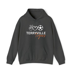 Terryville Tigers - COACH - Peace, Love, Soccer - ADULT Unisex Heavy Blend™ Hooded Sweatshirt