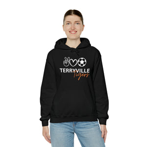 Terryville Tigers - Peace, Love, Soccer - ADULT Unisex Heavy Blend™ Hooded Sweatshirt