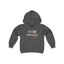 Load image into Gallery viewer, Terryville Tigers - Peace, Love, Soccer - Youth Heavy Blend Hooded Sweatshirt