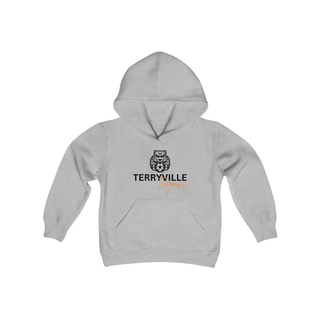 Terryville Tigers - Tiger with Soccer Ball - Light Hoodie - Youth Heavy Blend Hooded Sweatshirt