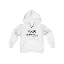 Load image into Gallery viewer, Terryville Tigers - Peace, Love, Soccer - Light Hoodie - Youth Heavy Blend Hooded Sweatshirt
