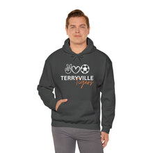 Load image into Gallery viewer, Terryville Tigers - Peace, Love, Soccer - ADULT Unisex Heavy Blend™ Hooded Sweatshirt