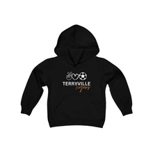 Load image into Gallery viewer, Terryville Tigers - Peace, Love, Soccer - Youth Heavy Blend Hooded Sweatshirt